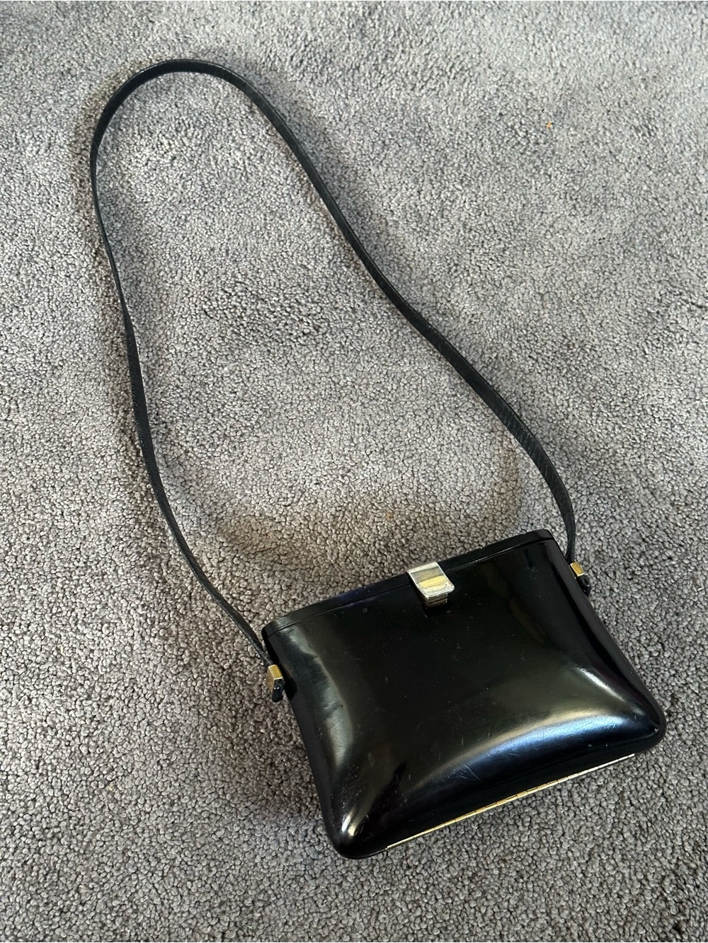 Rodo Italy Black Lacquered Wooden Crossbody Clutch Bag Leather Strap Formal Prom